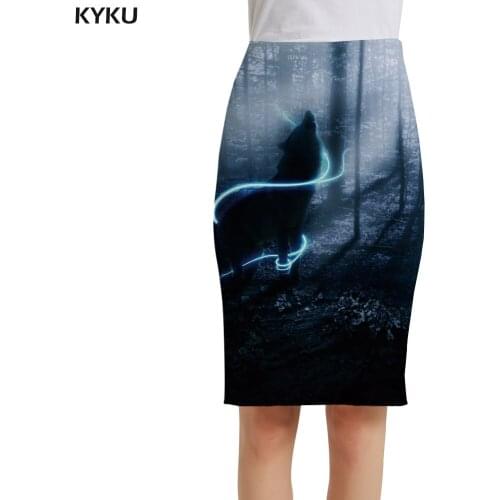 KYKU Brand Wolf Skirts Women Forest Elegant Animal Sundresses Lightning Pencil Ladies Skirts Womens Floral Anime Fashion Knitted