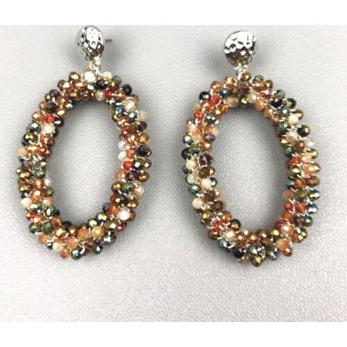DM 2020 Handmade Teardrop Crystal Beads Earrings for Woman Bohemia Woven Pendant Earring Big Earrings Oorbellen aretes