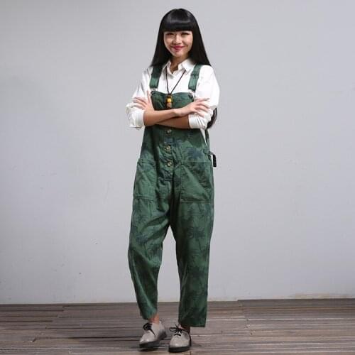 Cotton Wide Leg Denim Overalls Women Autumn Japan Style Jean Jumpsuit Female Drop Crotch Print Romper Plus Size Baggy Suspenders