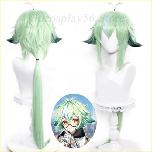 Genshin Impact Sucrose Wig Cosplay 85cm Long Straight Ponytail Green Light Mint Heat Resistant Hair Women Game Role Play