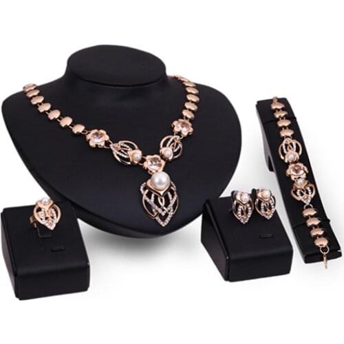 Crystal Faux Pearl Gold Plated Ring Earrings Bracelet Collar Necklace Jewelry Set