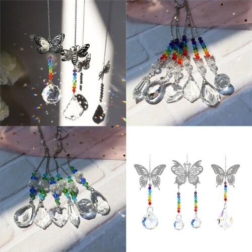 Crystal Pendant Butterfly Wind Chime Colorful Beads Hanging Drop for Outdoor Indoor Garden Window Wedding Chandelier Decoration