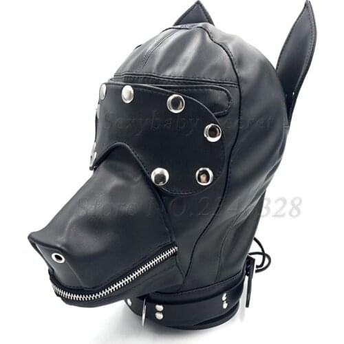 PU Leather Dog Headgear BDSM Bondage Mask Full Head Harness Fetish Blindfold Zipper Sex Slave Head Hood Sex Toys For Couples