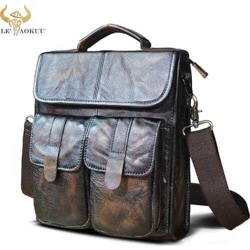 Quality Leather Male Design Travel Shoulder Messenger bag Vintage Coffee Crossbody Bag 10" Tablet University School Tote bag 009