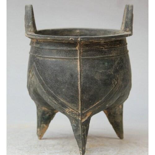 Collectible bronze S1874 8" Old China dynasty palace Bronze circular 3 Foot handle Incense Burner Censer