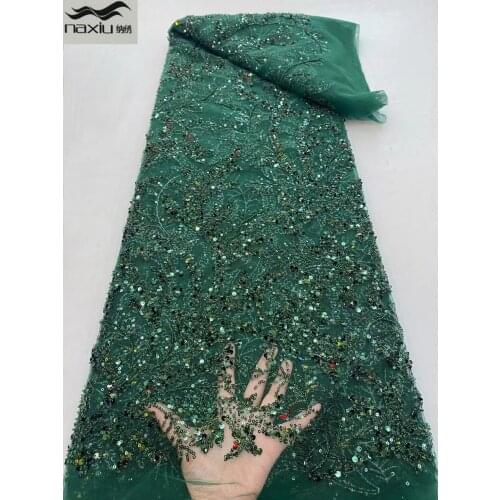 Madison African French Handmade Beaded Lace Fabric 2021 High Quality Lace Nigerian Tulle Mesh Lace Fabrics For Wedding