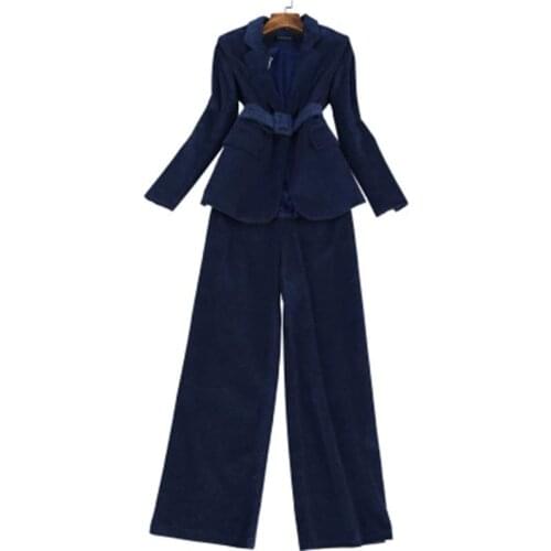 Fashion pants suit female spring New high quality Casual business Corduroy suit + High waist wide leg pants two-piece Set