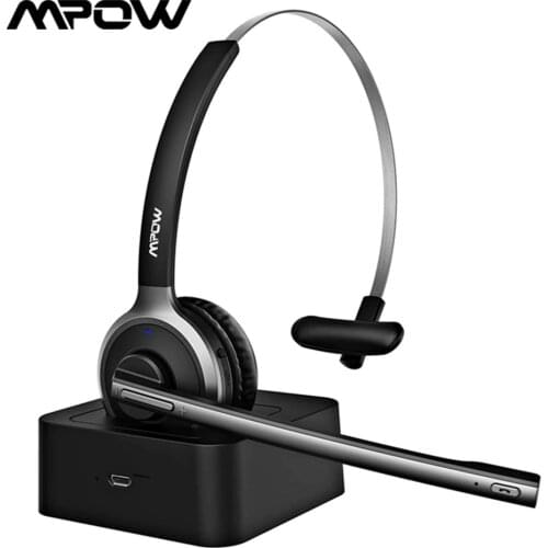 Mpow BH231 Office Bluetooth Headset with Charging Stand Dock Wireless Over Head Earpiece with Noise Reduction Mic Headphones New