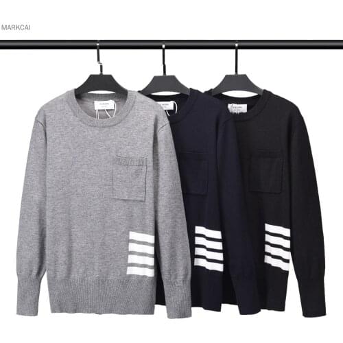 2021 Autumn Men Sweater Long Sleeve Pullover Casual Knitted O-Neck Korean Style TB Striped Small Pocket High Quality