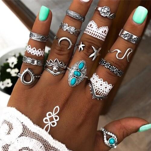 IF ME Bohemian Butterfly Flower Rings Set for Women Silver Color Geometic Vintage Elephant Leaf Finger Knuckle Ring Jewelry Gift