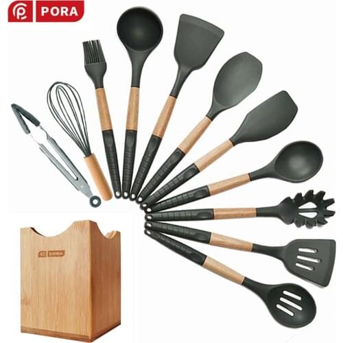11/12pcs Silicone Cooking Utensils Set Kitchen Accessories with Wooden Handles Nonstick Spatula Spoon Set Silicone Cooking Tools