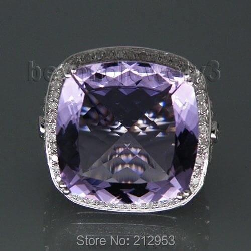 Vintage Cushion 18mm Solid 14Kt White Gold Engagement Amethyst Wedding Ring