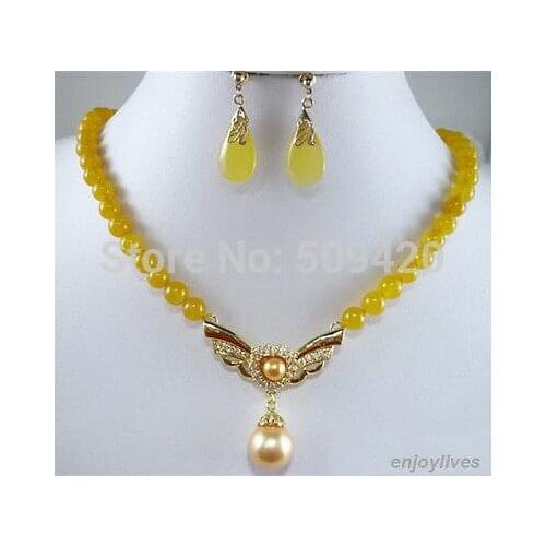Good Wholesale>>> Yellow jade Golden Shell Pearl Crystal - Pendant Necklace Earrings Set