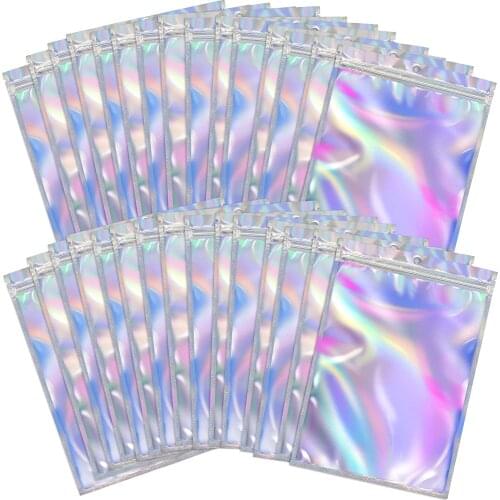 Thick Reclosable Holographic Pink Zipper Packaging Bag Cosmetic Jewelry Flat Pouches Laser Small Plastic Zip Lock Bags 10pcs