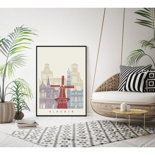 Alkmaar Skyline Poster - Lámina Artistica Decoracion Hogar Monumentos Ciudad - Cartel de arte de Pared Viajes Paisajes