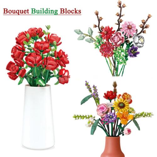 Romantic Rose Bouquet Building Block Valentines Day Girl Gift Home Flower Plant Bonsai Decoration DIY Toy Building Block No Box
