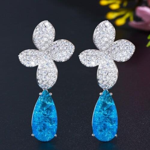 QTT Luxury Aesthetic Earrings for Women Flower Water Drop CZ Pave Diamonds 925 Sterling Silver Elegant Jewelry Wedding Party
