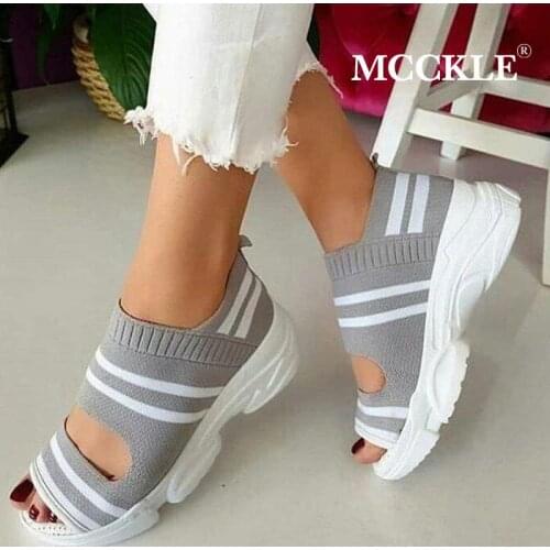 Womens Sandals Woman Shoes Stretch Fabric Slip On Hollow Out Peep Toe Thick Bottom Casual Cover Heel Ladies Female 2020 New