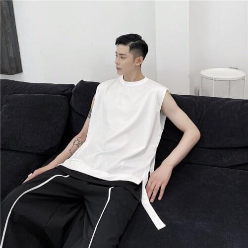 Men Black White Splice Ribbon Hem Loose Tops Tank Male Streetwear Hip Hop Japan Style Sleeveless