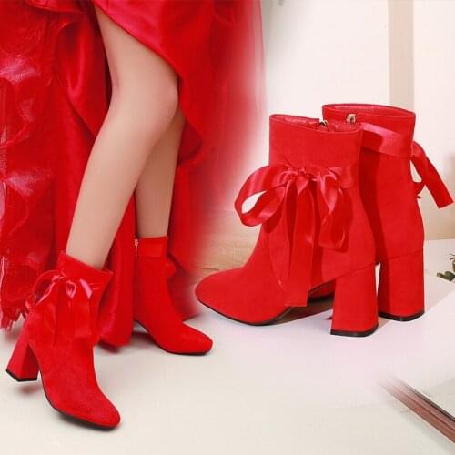 YMECHIC 2020 Fashion Red Flock Riband Butterfly-knot Ankle Boots for Women Hoof High Heels Bride Wedding Shoes Winter Bootie