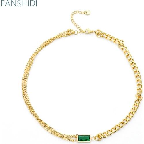 FANSHIDI Stainless Steel Square Green Zircon Necklace For Women Double-layer Choker Vintage Jewelry