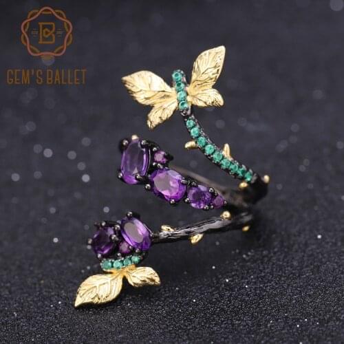 GEMS BALLET 925 Sterling Silver Branch Butterfly Romantic Rings 1.46Ct Natural Amethyst Original Ring for Women Wedding Bijoux