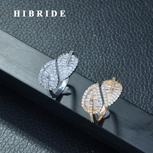 HIBRIDE Latese Fashion Micro Pave CZ Wedding Rings Engagement Leave Shape Ring for Women Fashion Jewelry Dress Party Ring R-264
