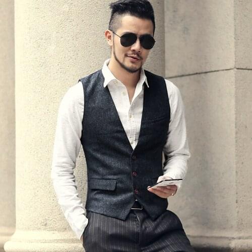 Mens Vest Army Green V Neck Casual Waistcoat Suit Vest Herringbone Tweed Wool Tuxedo Vest For Wedding