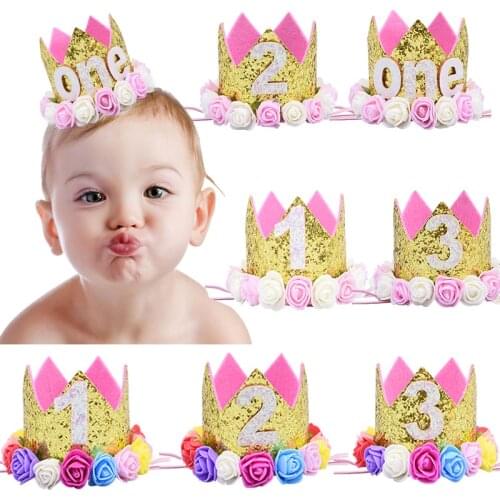 1pc Kids 1st 2nd 3rd Birthday Caps Flower Crown Number Birthday Hat For Shower Boy One First Birthday Party Decorations Supplies
