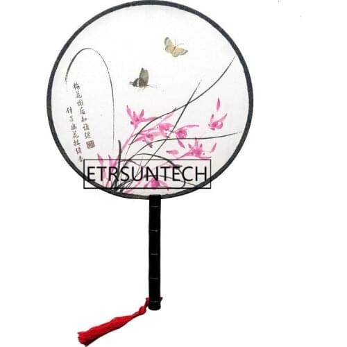 50pcs Wood Handle Chinese Vintage Palace Round Hand Fan Print Wedding Party Gift Favor Dance Performance Props