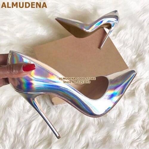 ALMUDENA Shinning Silver Patent Leather Pumps Thin 12cm High Heel Dress Shoes Shallow Pointed Toe Wedding Shoes Size45 Dropship