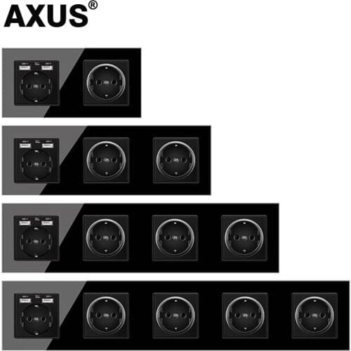 AXUS EU German Standard 16A Crystal Glass Panel Wall Socket Power Outlet Electrical Plug With Usb Double usb Outlet Ac100-250V