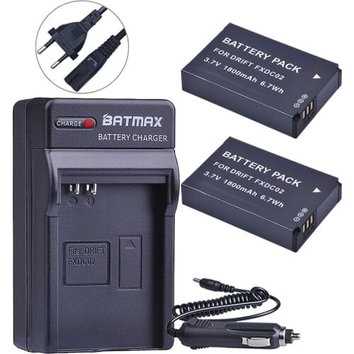 Batmax 2pc 1800mAh FXDC02 Camera Battery+Digital Wall Charger for Drift 72-011-00 FXDC02 CFXDC02 HD Ghost Ghost-S HD720