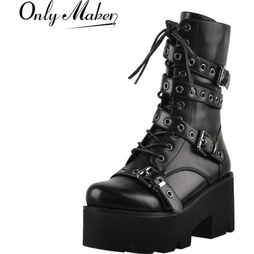 Onlymaker Womens Platform Lace-Up Ankle Boots Black Matte Rivet Buckles Decoration Chunky High Heel Booties Side Zipper Fashion