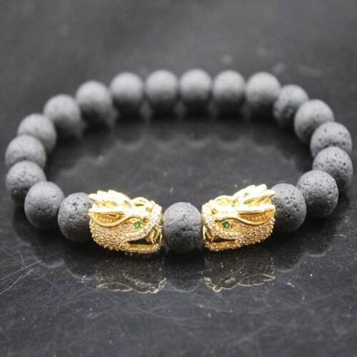 Loong Head Beaded Bracelet 8mm Natural Stone Lava CZ Zircon Gold P Beads Bangle Stretch Charm Yoga For Women Men Lovers Jewelry