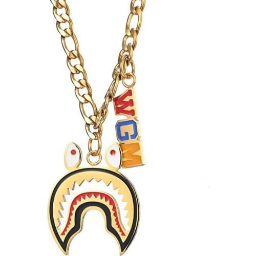 Stainless Steel Hip Hop Marine Shark Gold Animal Punk Rock Pendant Necklace Fashion Jewelry Gift For Him with Chain