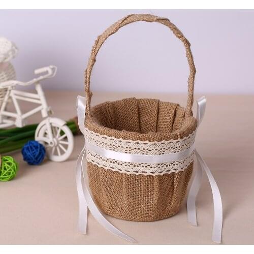 Flower Basket Vintage Rustic Wedding Burlap Flower Girl Basket with Lace Decoration Wedding Supplies