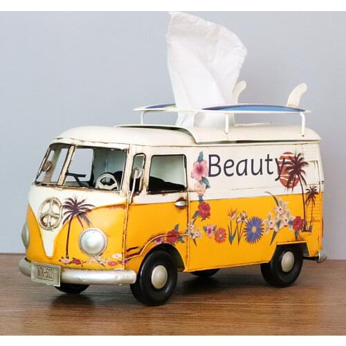 Flower Retro Iron Bus Tissue Box Model Figurines Car Craft Home Decoration Accessories for Living Room Ornaments for Home Decor