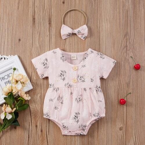 Newborn Baby Girls Floral Playsuits Lovely Button Short Sleeve Romper + Bow Headwear Kids Summer Infant Summer Casual Outfit
