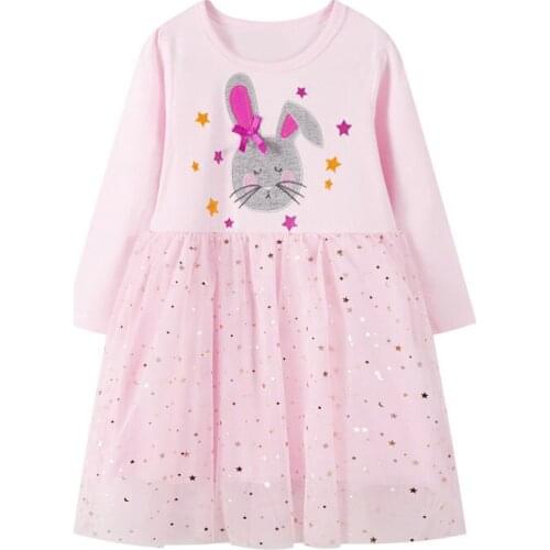 New Autumn Winter Toddler Girls Animal Rabbit Embroidery Princess Dress Baby Children Mesh Sequins Patchwork Dresses Kid Costume