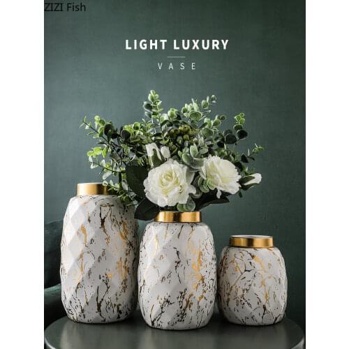 European Gilded Ceramic Vase Marble Pattern Countertop Living Room Furnishings Flower Arrangement Fresh Flowers Hydroponic Vase