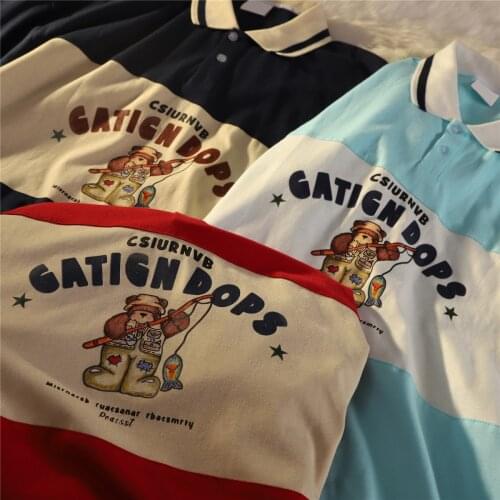 3Colors Oversized POLO Collar T Shirts for Teens American Brand Vintage Cartoon T-shirt Fashion Summer Short Sleeve Tops Casual