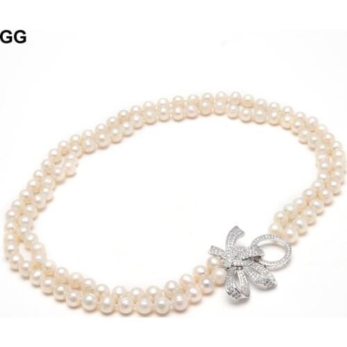 GG Jewelry Natural White Potato Pearl Rhinestone CZ Pave Flower Clasp Pendant Necklace For Women