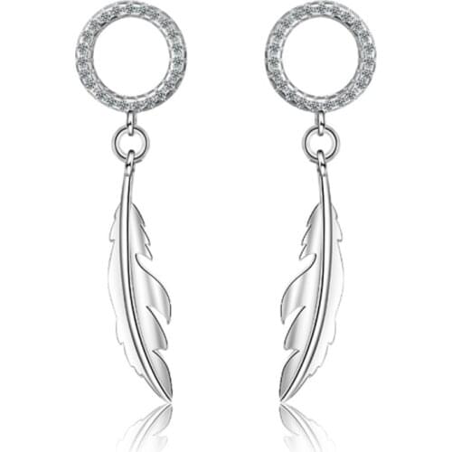 Exquisite temperament personality simple fashion wild crystal circle feather long silver plated stud earrings WE049
