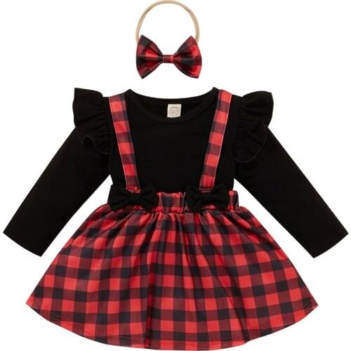 Newborn Infant Baby Girls Clothing 3Pcs Set Autumn Flying Sleeve Romper Suspender Plaid Skirt Headband Clothes Outfits 2021