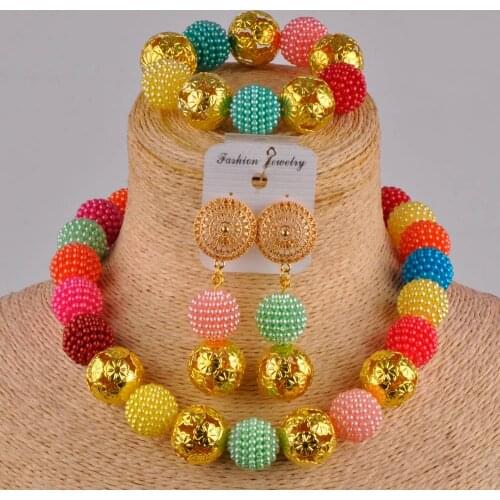 African Multicolors Imitation Pearl Necklace Bracelet Earrings Wedding Banquet Jewelry Nigerian Bride Wedding Jewelry Set AZ-90