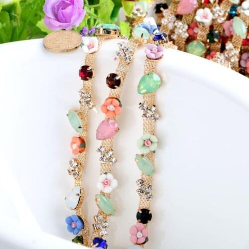 Crystal Clear Flower Glass Rhinestone Cup Chain Gold Base Dress Decoration Trim Applique Sew on Garment Bags