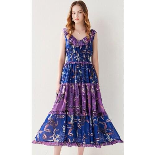Menahem Boho Purple Flower Print Sexy Ruffles Summer Maxi Dress Womens Sleeveless V Neck Chiffon Beach Holiday Tunic Vestidos