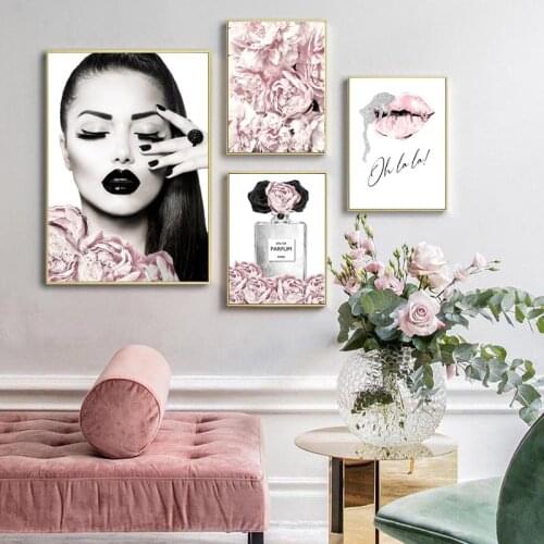 Wall Painting Pink Flower Perfume Fashion Modern Women Posters Eyelash Lips Makeup Print Art Canvas Picture Girl Room Home Decor