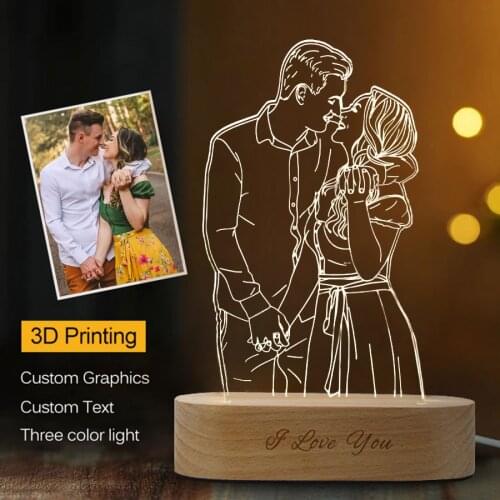 Customized Text Photo 3D Night Light USB Wooden Base DIY Led Lights Personalized For Wedding Holiday Mothers Day Fathers Gift